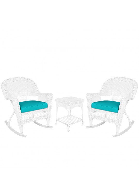 3pc White Rocker Wicker Chair Set With Turquoise Cushion