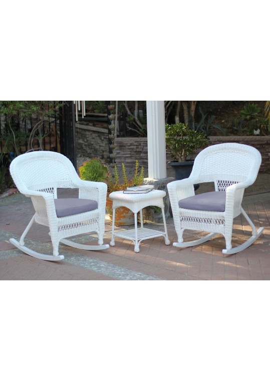 3pc White Rocker Wicker Chair Set With Steel Blue Cushion