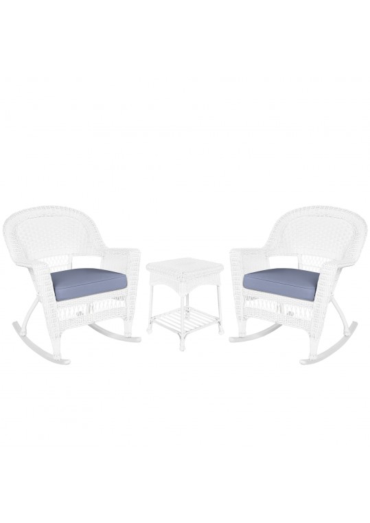 3pc White Rocker Wicker Chair Set With Steel Blue Cushion