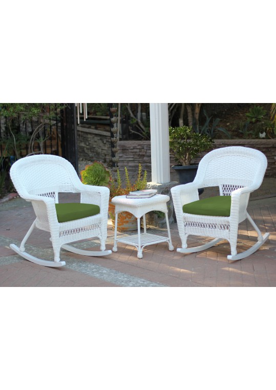 3pc White Rocker Wicker Chair Set With Hunter Green Cushion