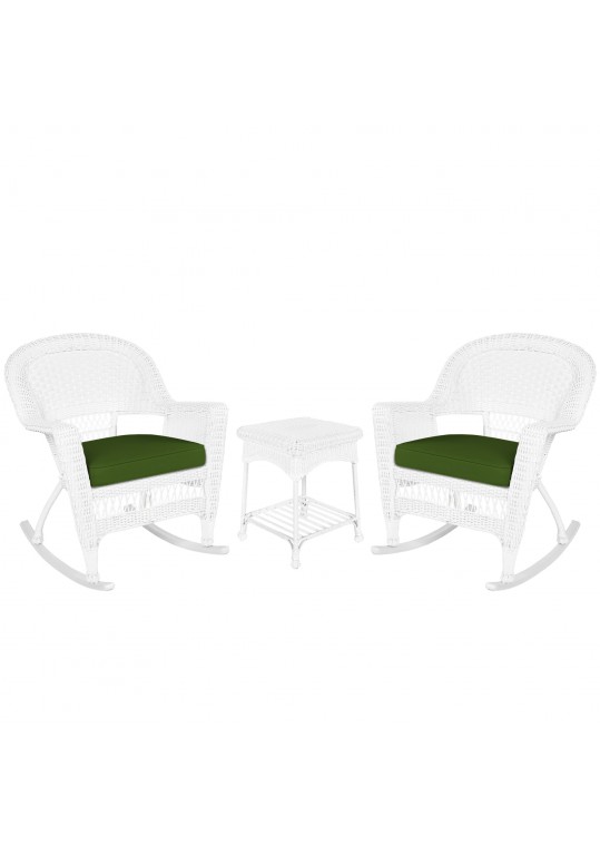 3pc White Rocker Wicker Chair Set With Hunter Green Cushion
