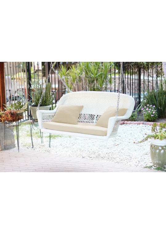 White Resin Wicker Porch Swing with Ivory Cushion