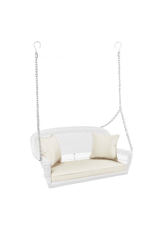 White Resin Wicker Porch Swing with Ivory Cushion