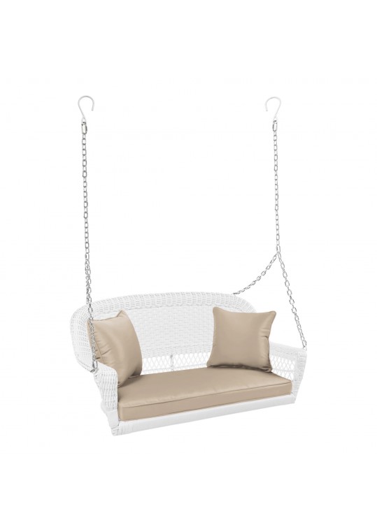 White Resin Wicker Porch Swing with Tan Cushion