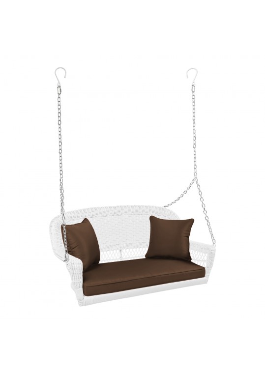 White Resin Wicker Porch Swing with Brown Cushion