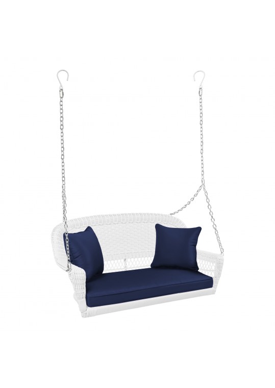 White Resin Wicker Porch Swing with Midnight Blue Cushion