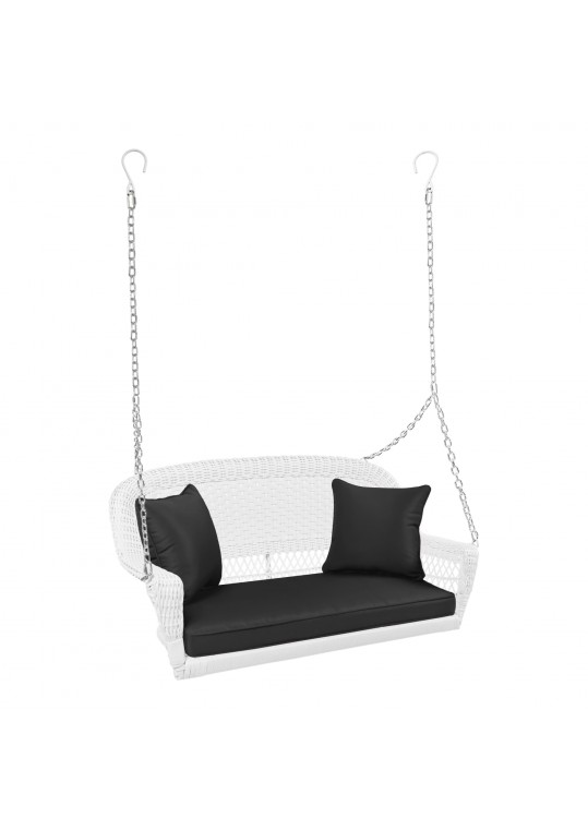 White Resin Wicker Porch Swing with Black Cushion
