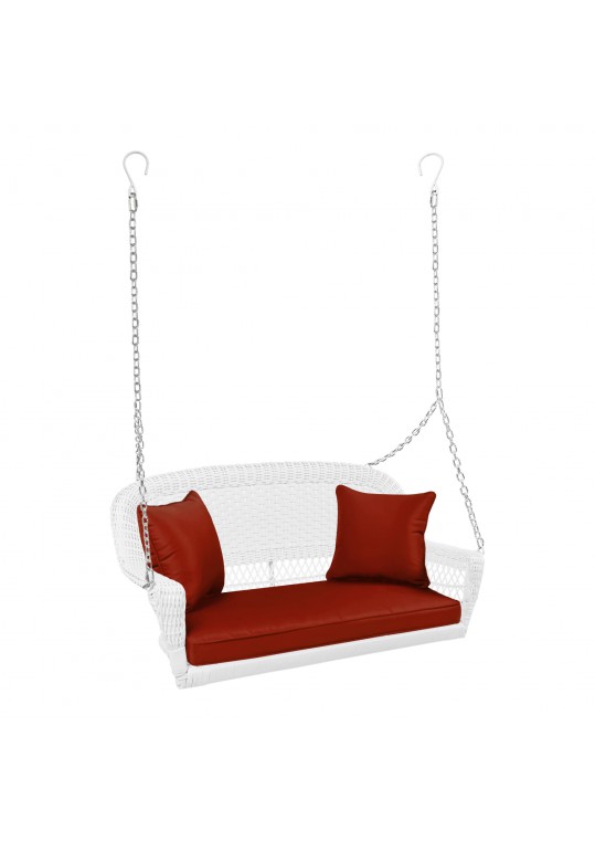 White Resin Wicker Porch Swing with Brick Red Cushion