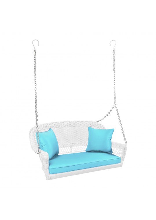White Resin Wicker Porch Swing with Sky Blue Cushion