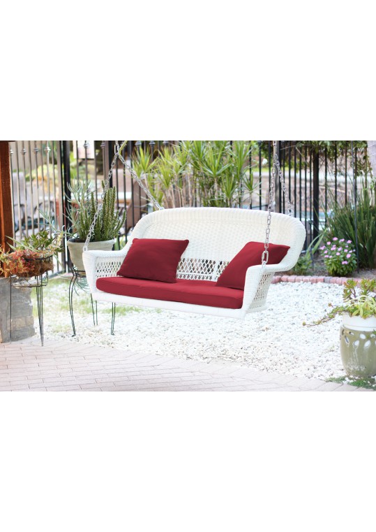 White Resin Wicker Porch Swing with Red Cushion