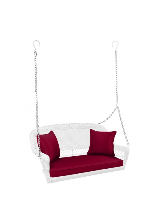 White Resin Wicker Porch Swing with Red Cushion