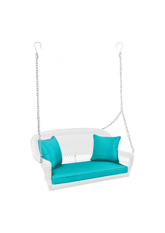White Resin Wicker Porch Swing with Turquoise Cushion