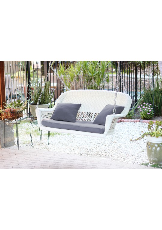 White Resin Wicker Porch Swing with Steel Blue Cushion