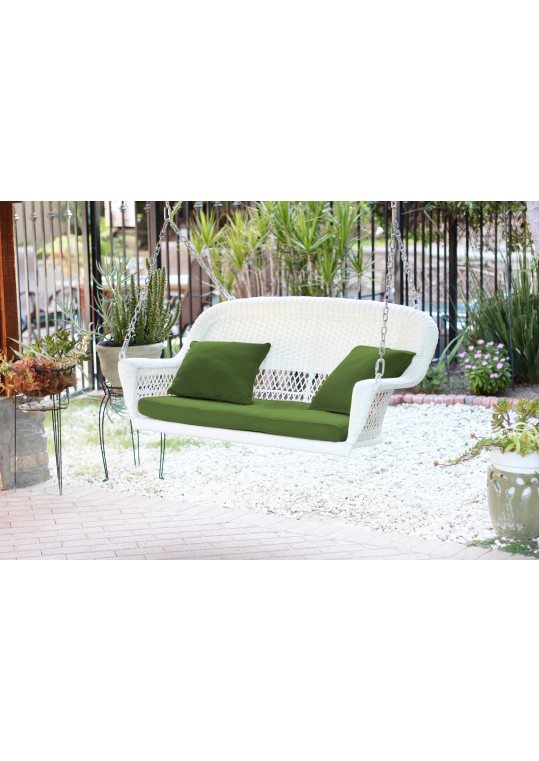 White Resin Wicker Porch Swing with Hunter Green Cushion