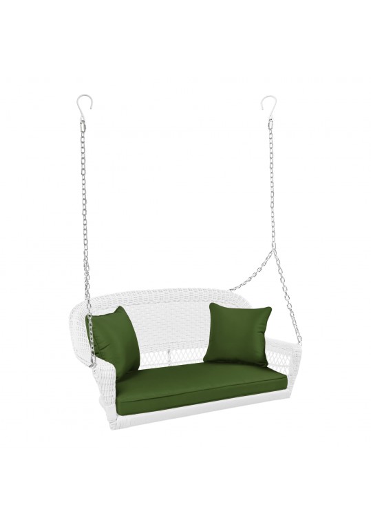 White Resin Wicker Porch Swing with Hunter Green Cushion