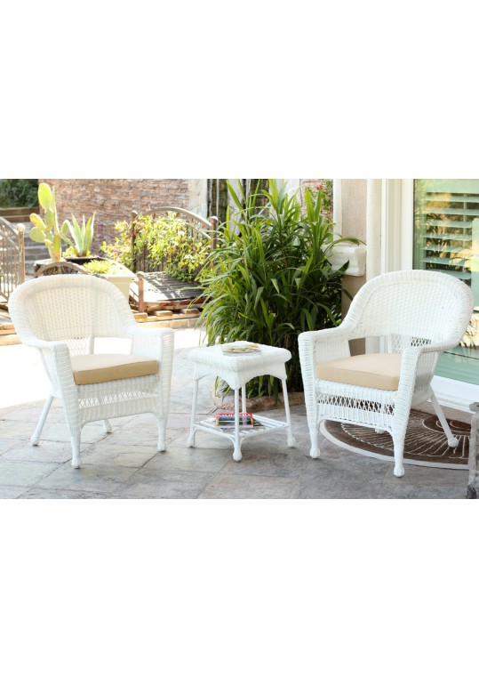White Wicker Chair And End Table Set With Ivory Chair Cushion