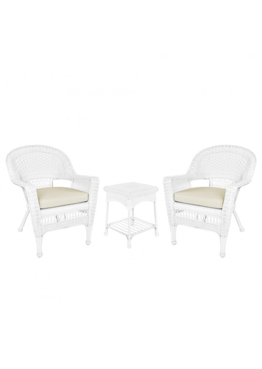 White Wicker Chair And End Table Set With Ivory Chair Cushion