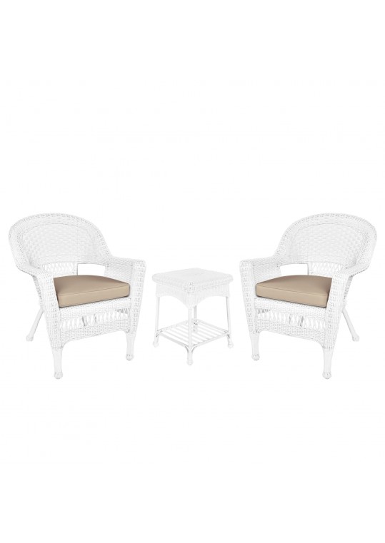 White Wicker Chair And End Table Set With Tan Chair Cushion