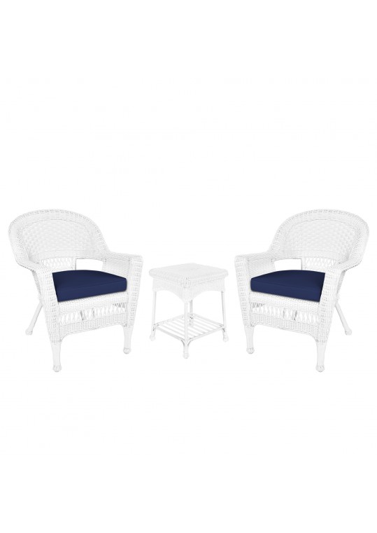 White Wicker Chair And End Table Set With Midnight Blue Chair Cushion