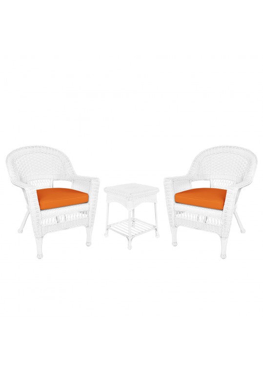White Wicker Chair And End Table Set With Orange Chair Cushion