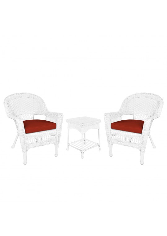 White Wicker Chair And End Table Set With Brick Red Cushion