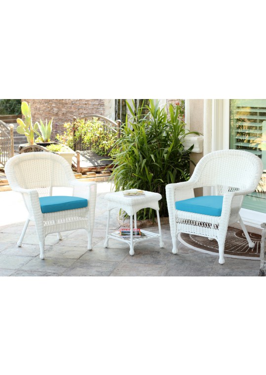 White Wicker Chair And End Table Set With Sky Blue Chair Cushion