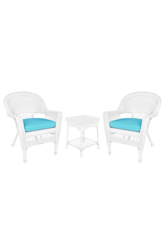 White Wicker Chair And End Table Set With Sky Blue Chair Cushion