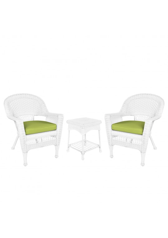 White Wicker Chair And End Table Set With Sage Green Chair Cushion