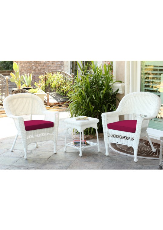 White Wicker Chair And End Table Set With Red Chair Cushion