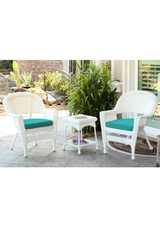 White Wicker Chair And End Table Set With Turquoise Chair Cushion