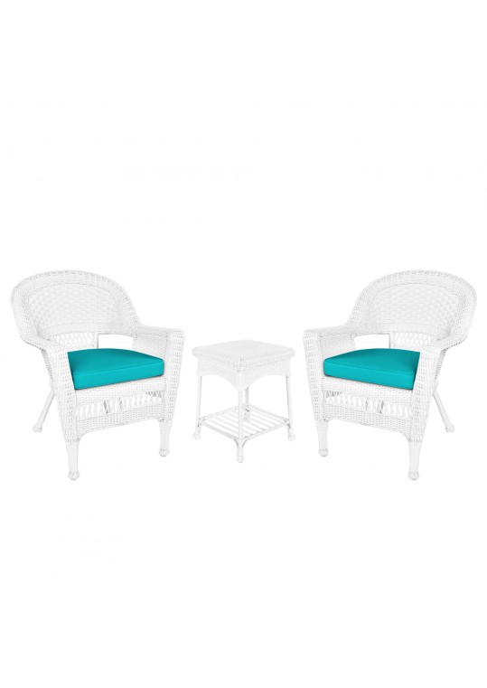 White Wicker Chair And End Table Set With Turquoise Chair Cushion