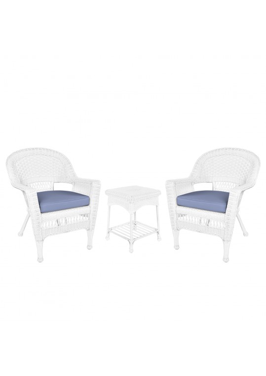 White Wicker Chair And End Table Set With Steel Blue Chair Cushion