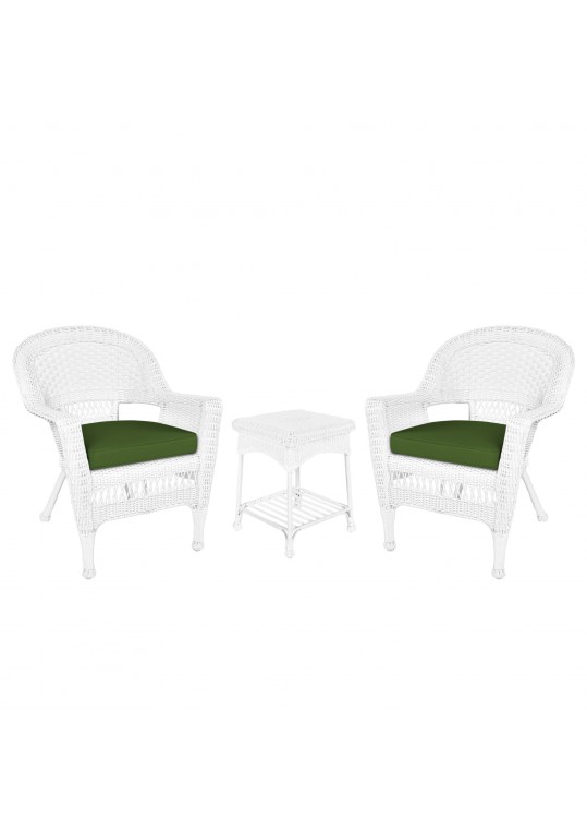 White Wicker Chair And End Table Set With Hunter Green Chair Cushion