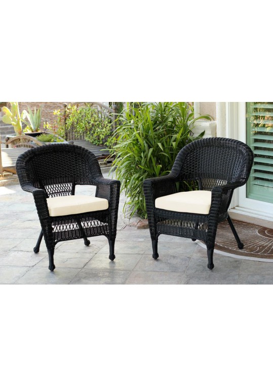 Black Wicker Chair With Ivory Cushion - Set of 2