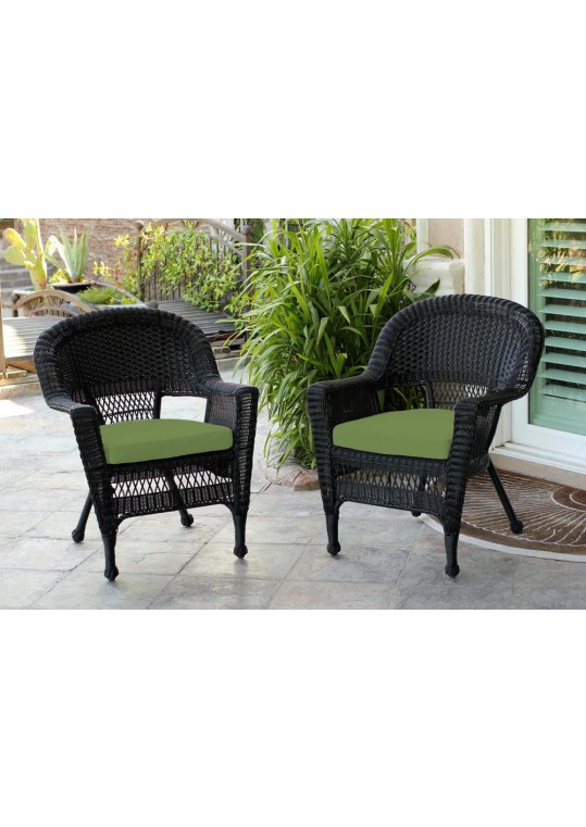 Black Wicker Chair With Hunter Green Cushion - Set of 2