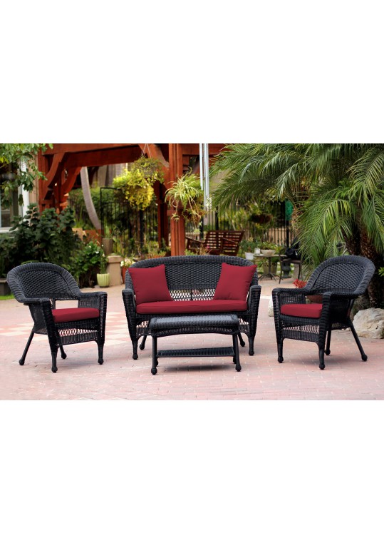 4pc Black Wicker Conversation Set - Red Cushion