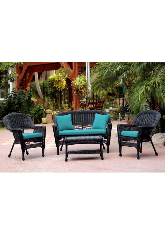 4pc Black Wicker Conversation Set - Turquoise Cushion