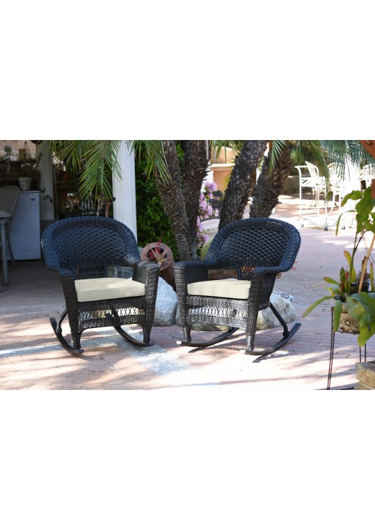 Black Rocker Wicker Chair with Ivory Cushion - Set of 2