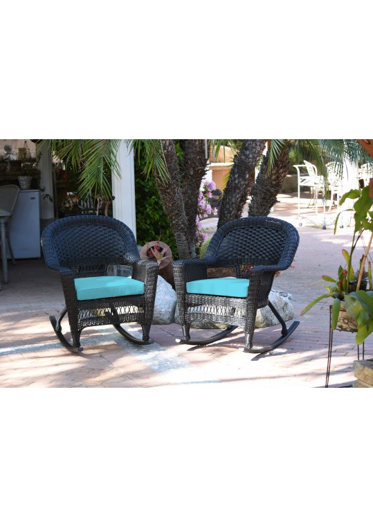 Black Rocker Wicker Chair with Sky Blue Cushion - Set of 2