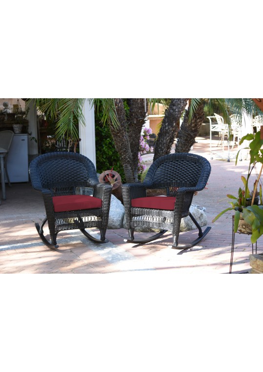 Black Rocker Wicker Chair with Red Cushion - Set of 2