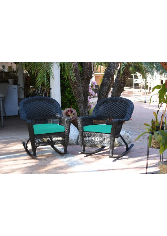 Black Rocker Wicker Chair with Turquoise Cushion - Set of 2