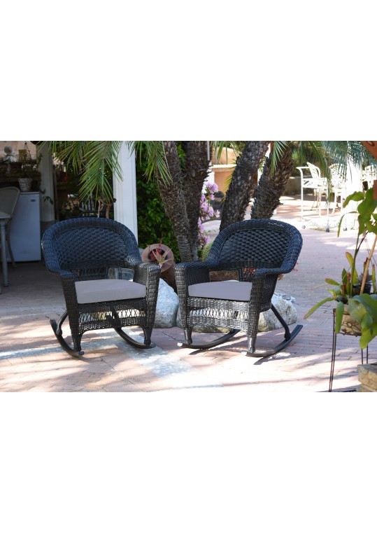 Black Rocker Wicker Chair with Steel Blue Cushion - Set of 2