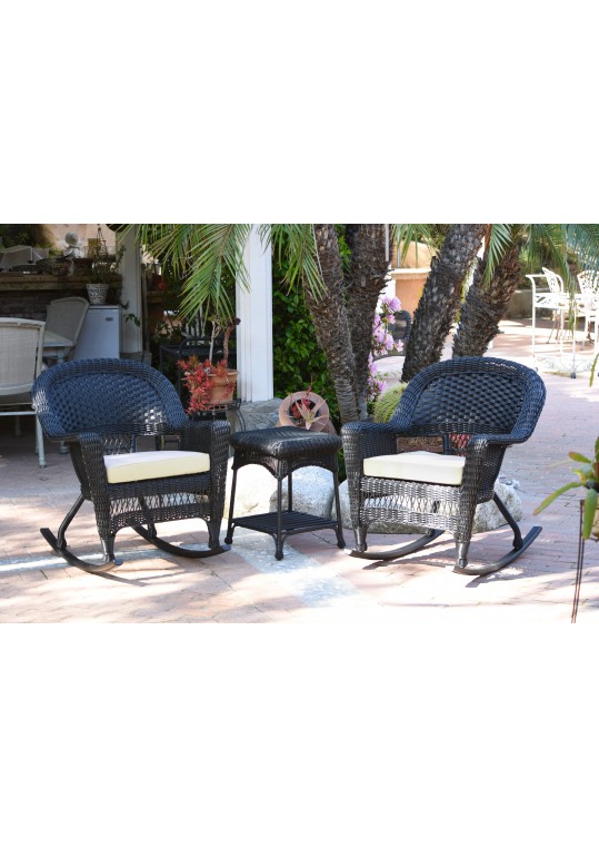 3pc Black Rocker Wicker Chair Set With Ivory Cushion