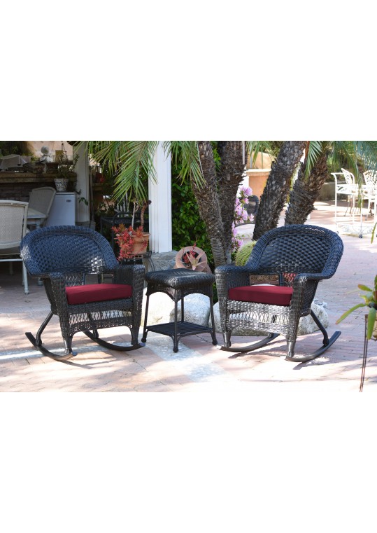 3pc Black Rocker Wicker Chair Set With Red Cushion