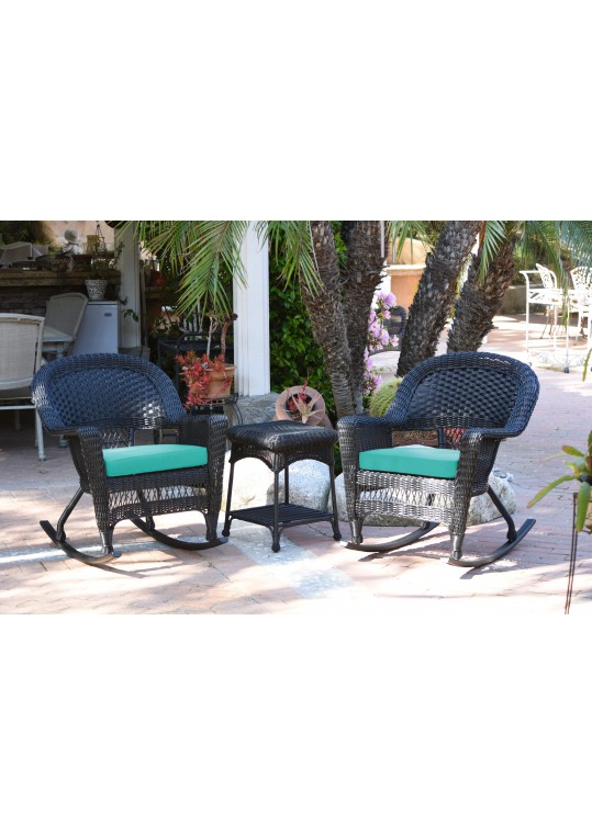3pc Black Rocker Wicker Chair Set With Turquoise Cushion