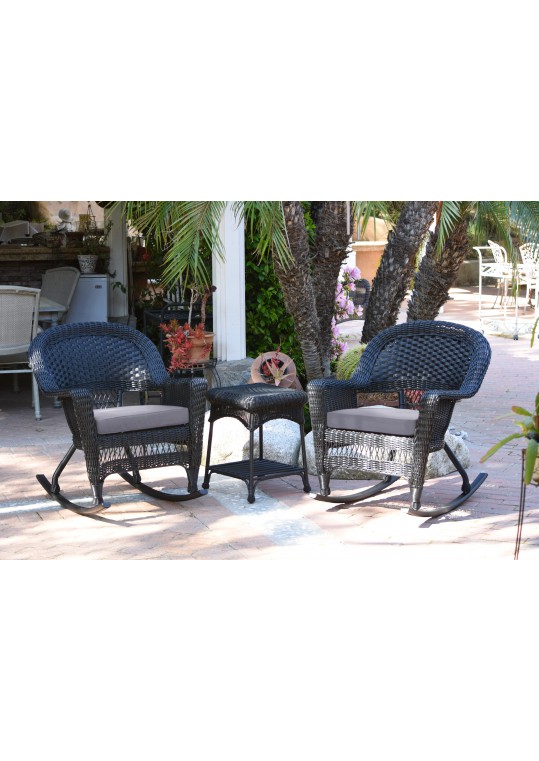 3pc Black Rocker Wicker Chair Set With Steel Blue Cushion