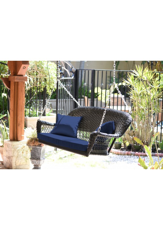 Black Resin Wicker Porch Swing with Midnight Blue Cushion