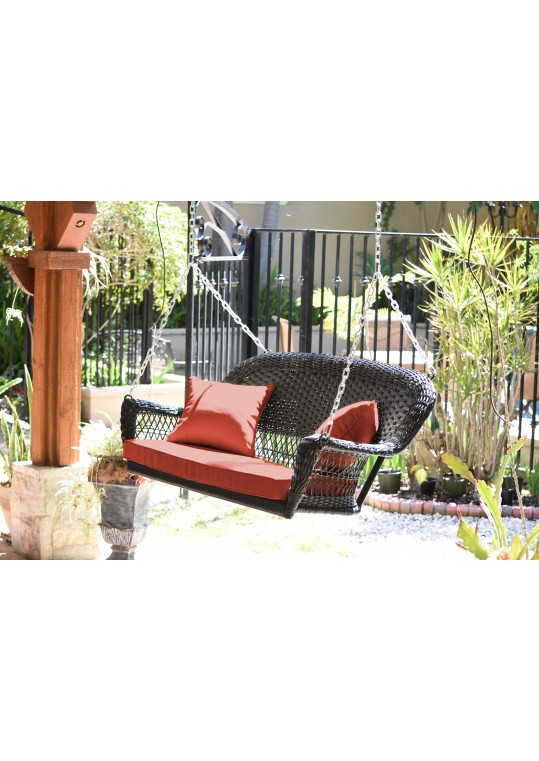 Black Resin Wicker Porch Swing with Brick Red Cushion