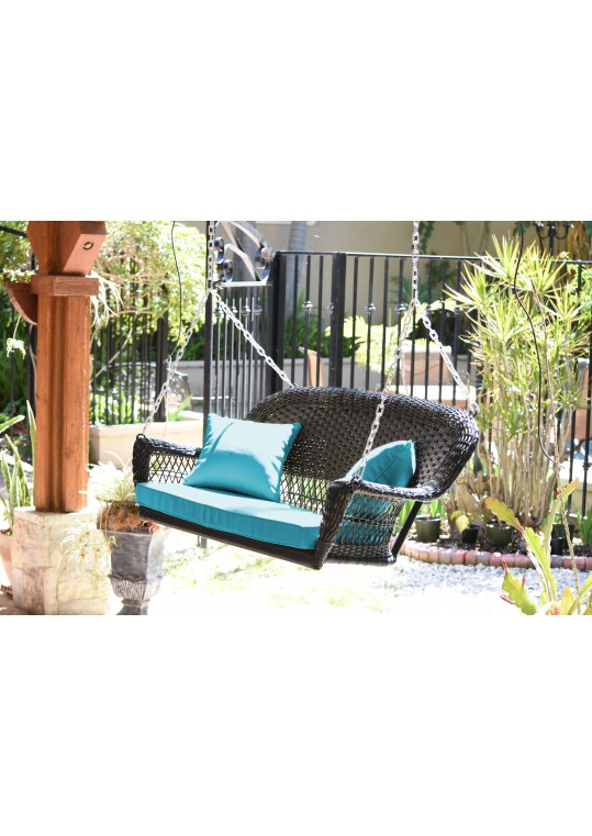 Black Resin Wicker Porch Swing with Sky Blue Cushion
