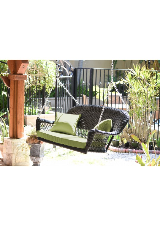 Black Resin Wicker Porch Swing with Sage Green Cushion